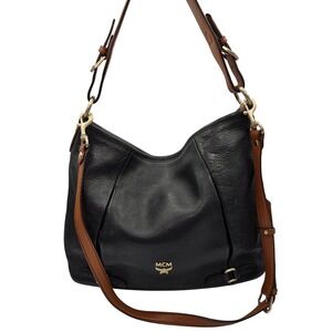MCM Black Leather Hobo Shoulder Bag with Adjustable Strap and Logo Details